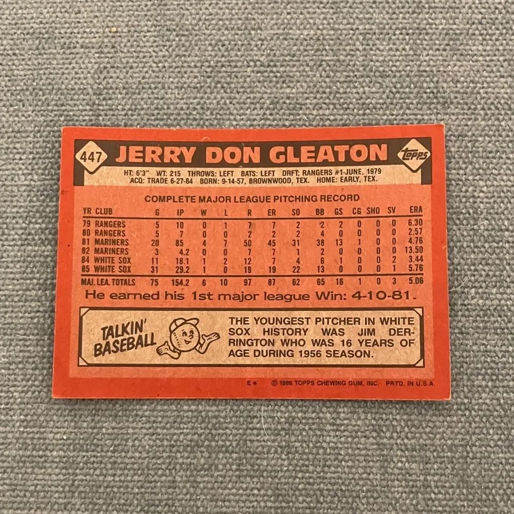 1986 Topps Chicago White Sox Baseball Card
